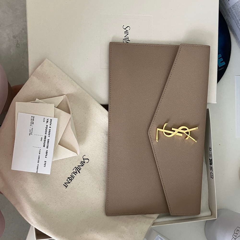 Saint Laurent Beige Clutch with Gold Logo